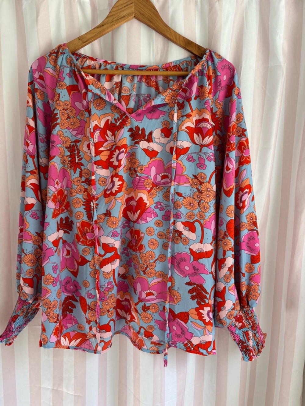 Floral V-Neck Blouse in Pink & Blue